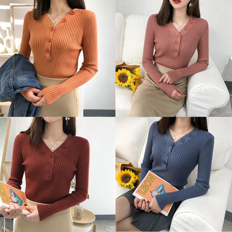 Áo sweater thời trang nữ tay dài cổ chữ V màu trơn