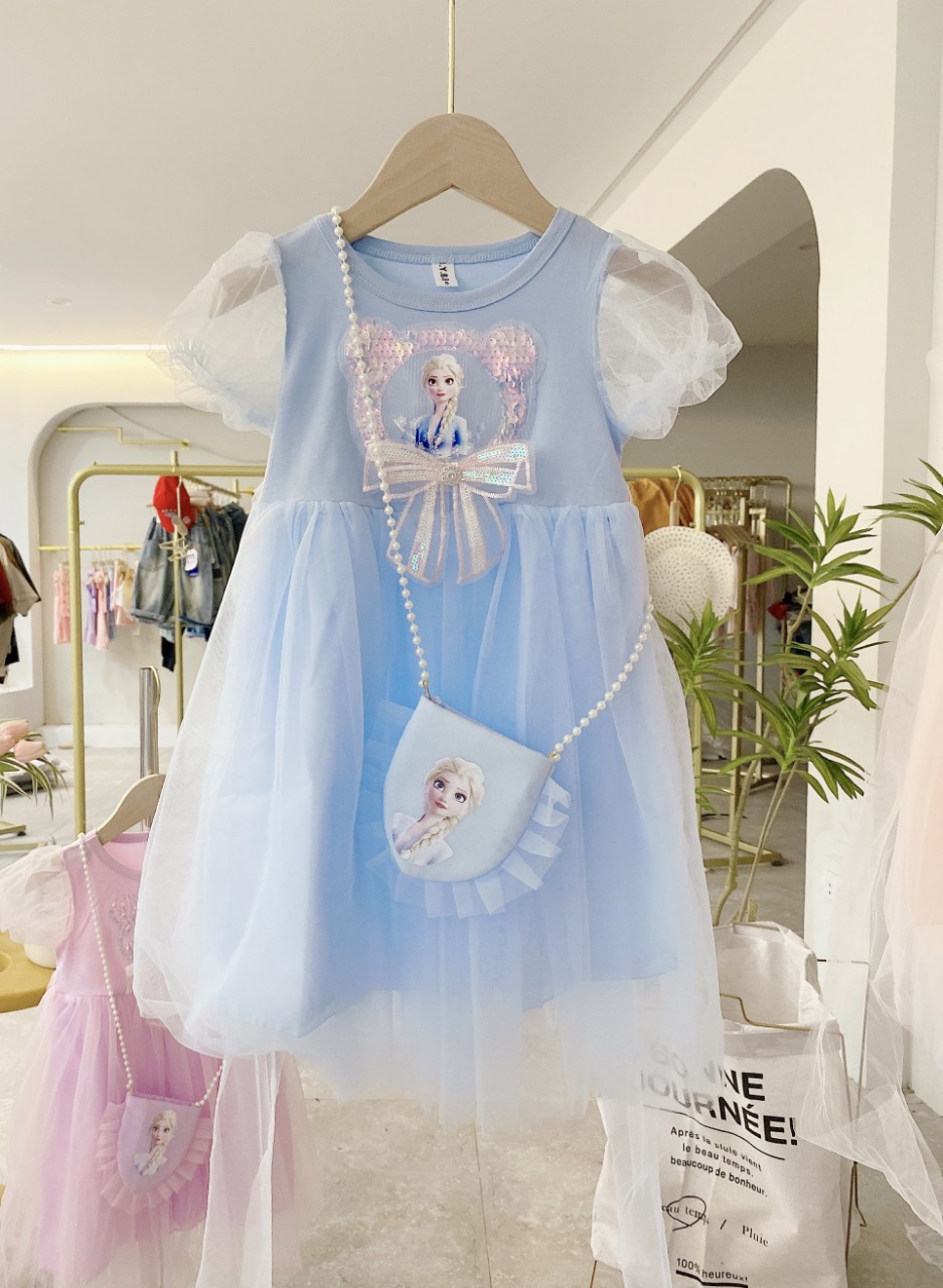 Váy công chúa bé gái cộc tay tặng túi, Đầm dự tiệc cho bé 1-6 tuổi hình Elsa kuromi lấp lánh vải ren điệu đà đáng yêu