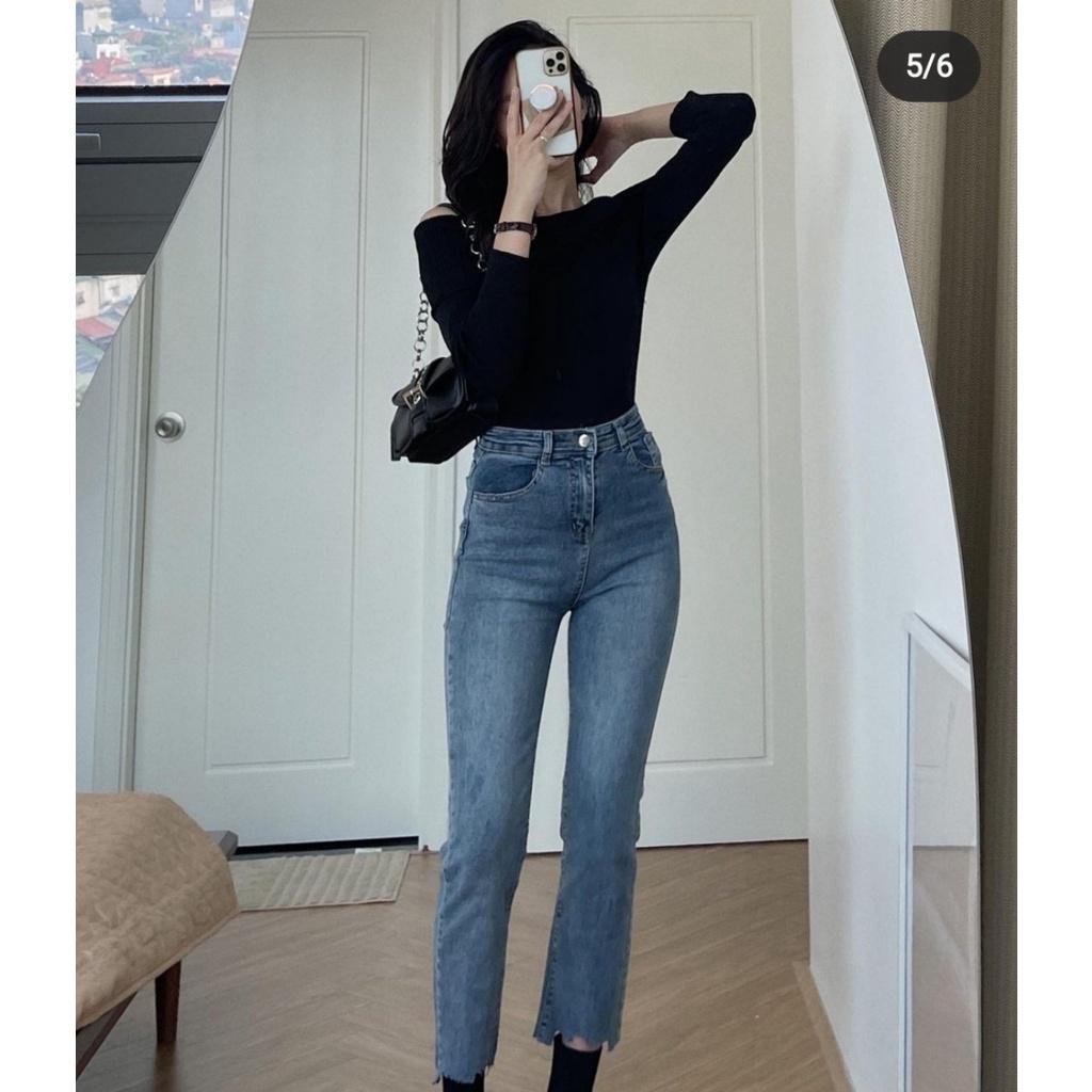 Quần Jean Nữ Ống Đứng Cạp Cao Gấu Rách Cá Tính ThunderUnisex Chất Vải Dày Dặn Mềm Mại Phong Cách Ulzzang Fullsize