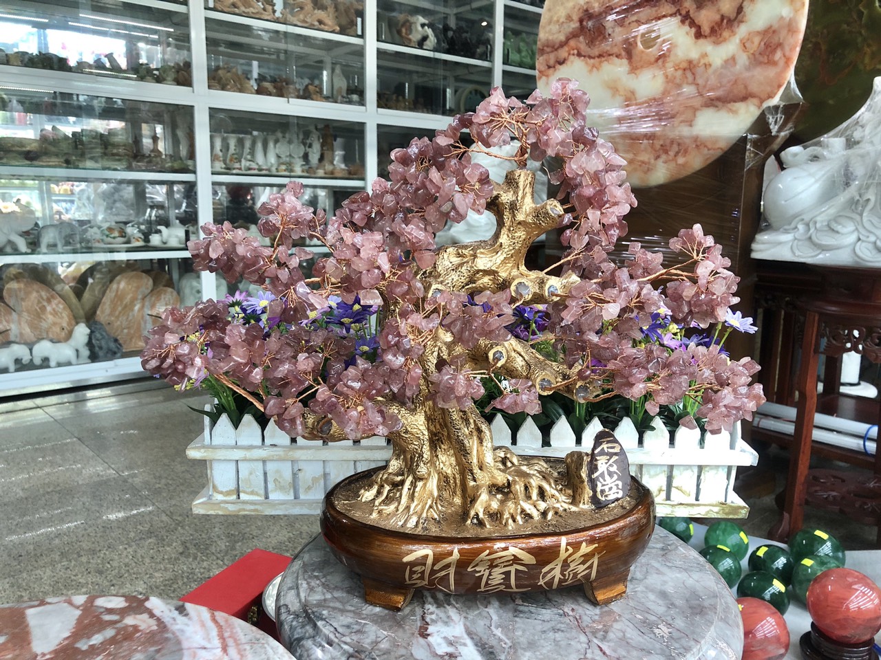 Cây Tài Lộc bonsai phong thủy đá thạch anh dâu tây đỏ - Cao 40 cm