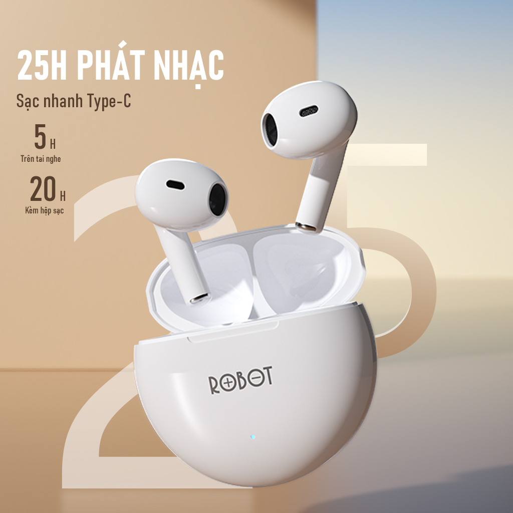 Tai Nghe TWS Bluetooth ROBOT Flybuds T10 Kiểu Dáng Nhét Tai Thời Gian Chơi Nhạc 25H Chống Nước IPX4 - Hàng Chính Hãng