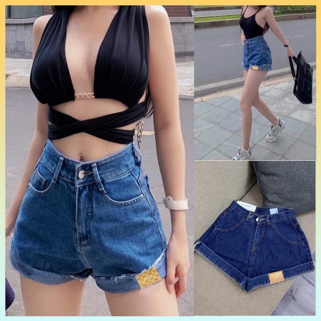 [L2M] Quần short JEANS LẬT LAI gắn NHÃN lưng cao chất liệu co giãn siêu tôn dáng phong cách cá tính