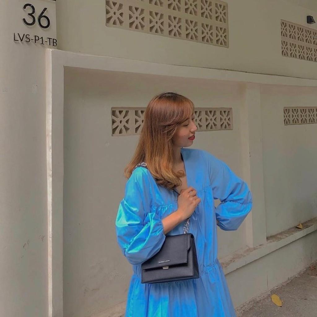 Đầm Babydoll Xanh Cổ V Thắt Nơ Xếp Ly Thân - Hậu Nguyễn Store