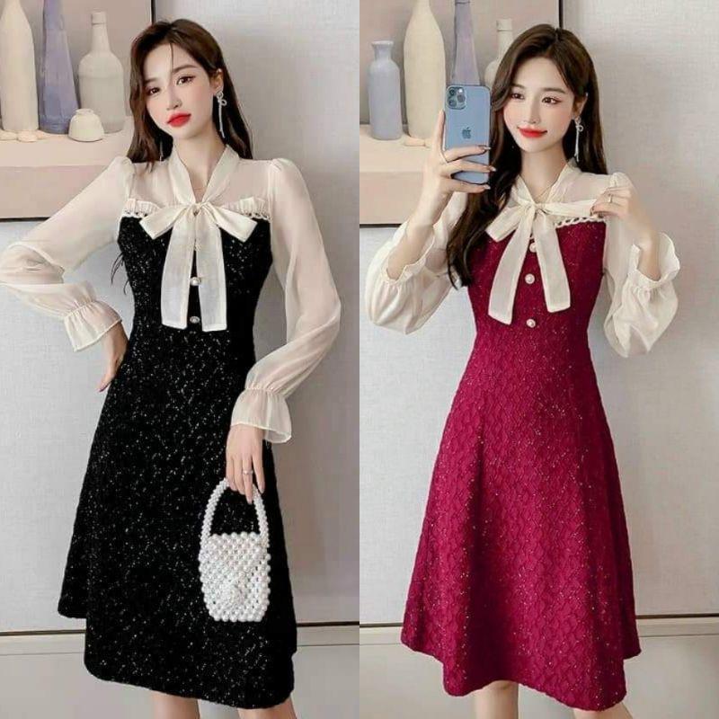HÀNG NHẬP - ĐẦM THUN KIM TUYẾN PHỐI TAY VOAN