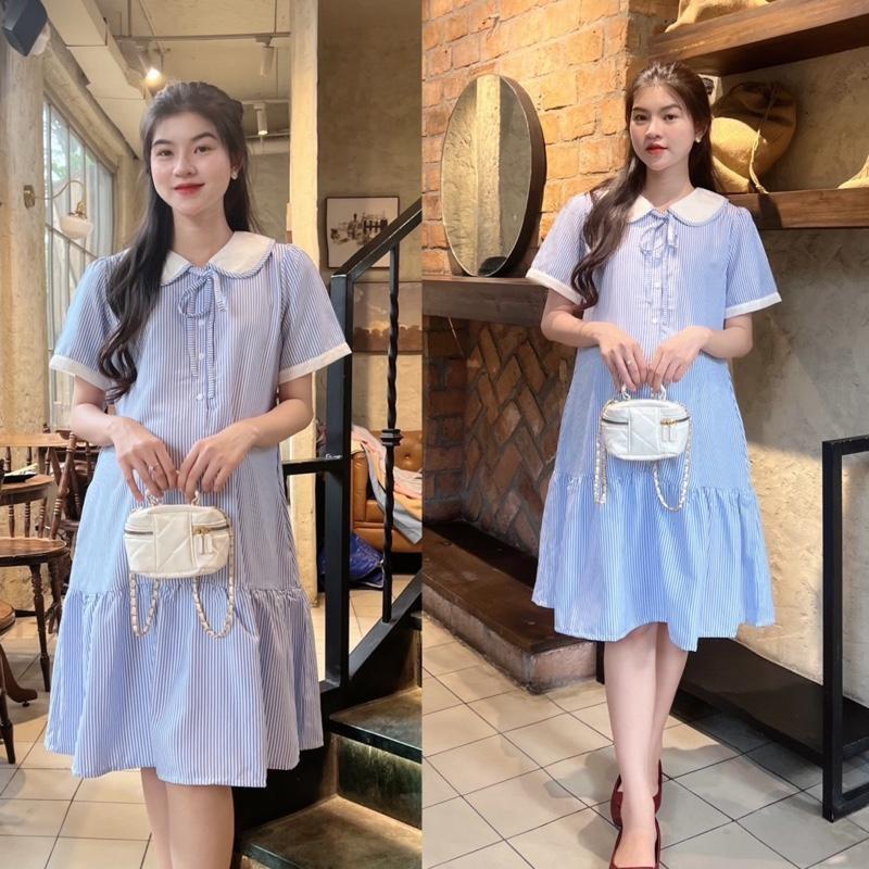 Đầm Bầu Công Sở Kẻ Sọc Phom Đuôi Cá Phối Viền Tay Trẻ Trung Chất Cotton Mềm Mát Mẻ Cho Mùa Hè - Xanh