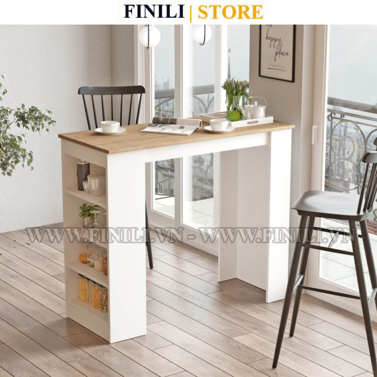 Bàn bar FINILI Temahome Aravis có ngăn đựng, Ván MDF Melamine, Trắng/Vân gỗ FNLO2077