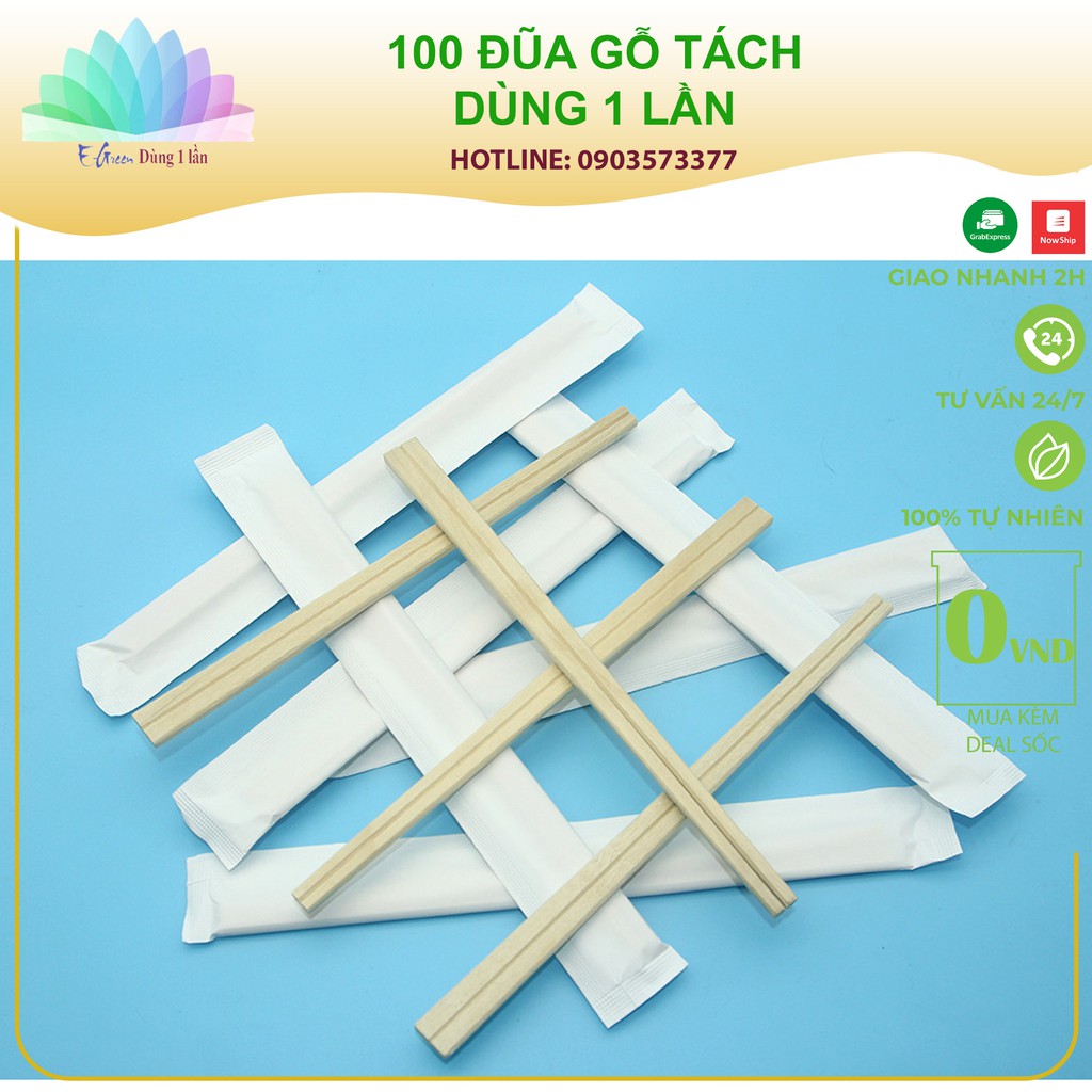 100 Đũa dùng một lần kiểu Nhật tách đôi có bao giấy tiệt trùng tiện lợi - E Green Dùng 1 Lần