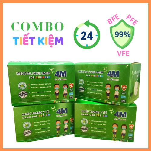 Combo Tiết Kiệm - 4 hộp Khẩu Trang Trẻ Em kháng khuẩn 4M ForMankind màu trắng - Đóng gói riêng từng cái - Thương hiệu 4M - Chuẩn quốc tế, lọc bụi, lọc khuẩn BFE - VFE - PFE &gt;99%, kiểm định bởi Nelson Labs (Mỹ)