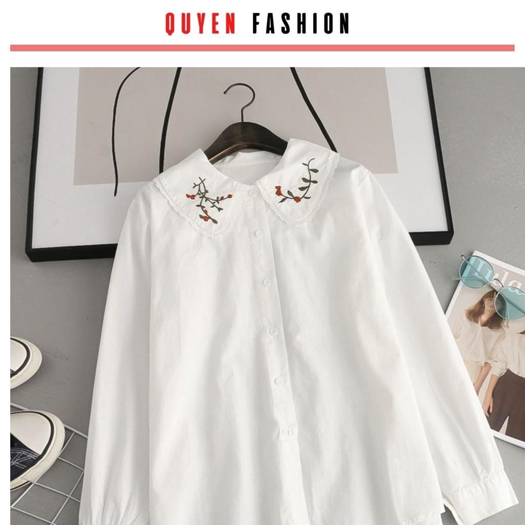 Áo sơ mi cổ thêu hoa công sở Quyên Fashion AA555 màu trắng tay tiểu thư