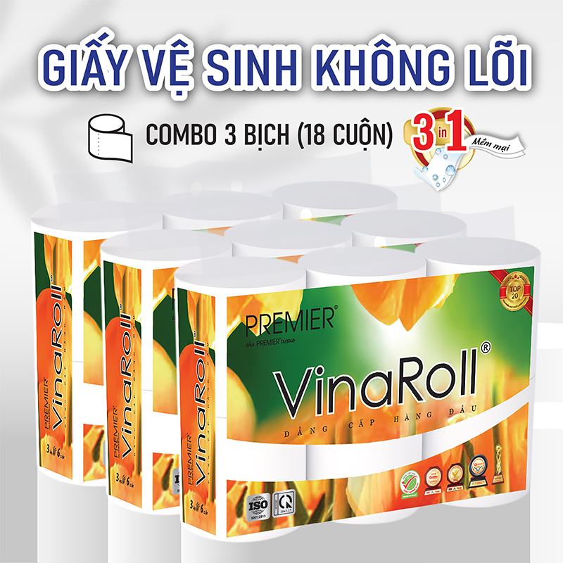 [COMBO 3 LỐC] Giấy vệ sinh Premier VinaRoll không lõi, 3 lớp 100% bột giấy nguyên sinh, không chất tẩy lốc 6 cuộn