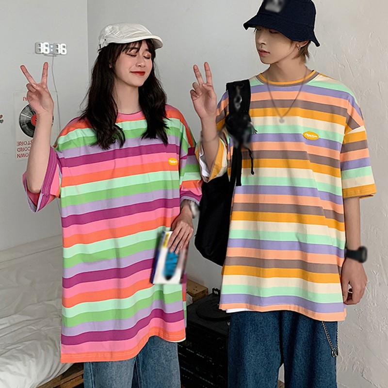 Women's Summer Casual T Shirt Short Sleeve O-Neck Rainbow Striped Loose Tee Lovers Tops