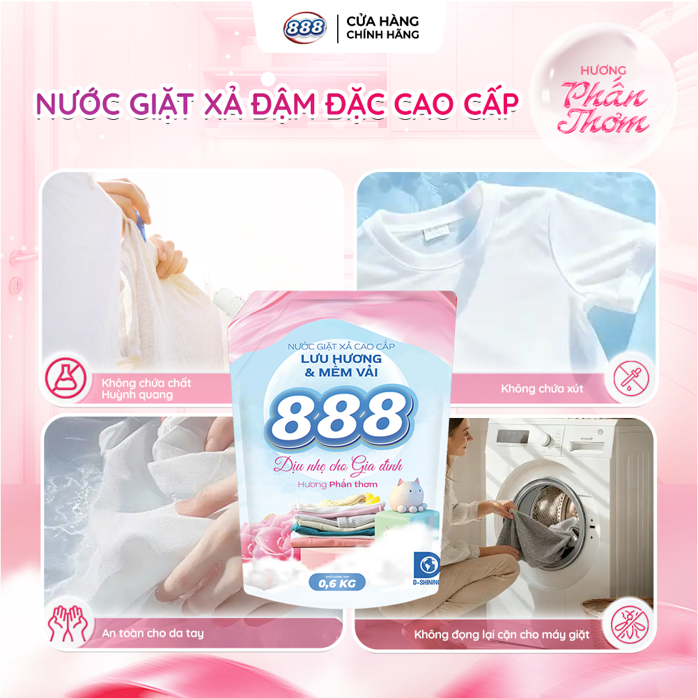 Combo 4 Túi Nước Giặt Xả 888 Hương Phấn Thơm Cao Cấp 0.6kg/Túi