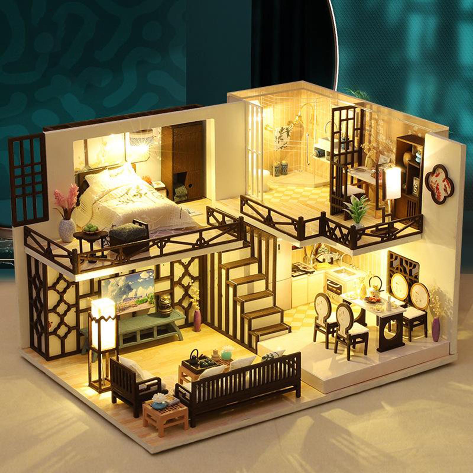 DIY Miniature DollHouse Kit LED House Model Gift Crafts with Accessories