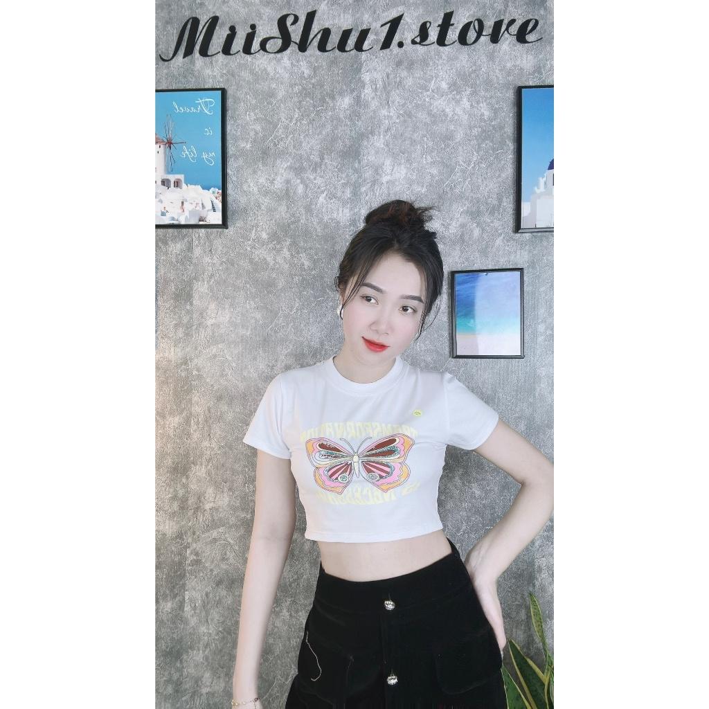 Áo Thun Croptop Tay Ngắn In Hình Bướm
