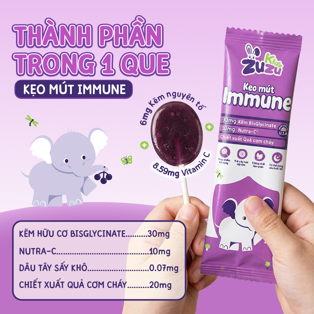 ZuZuKids Kẹo Mút Vi Chất IMMUNE Bổ Sung Kẽm Tăng Đề Kháng Cho Bé - Dây 10 que &amp; Hộp 20 que