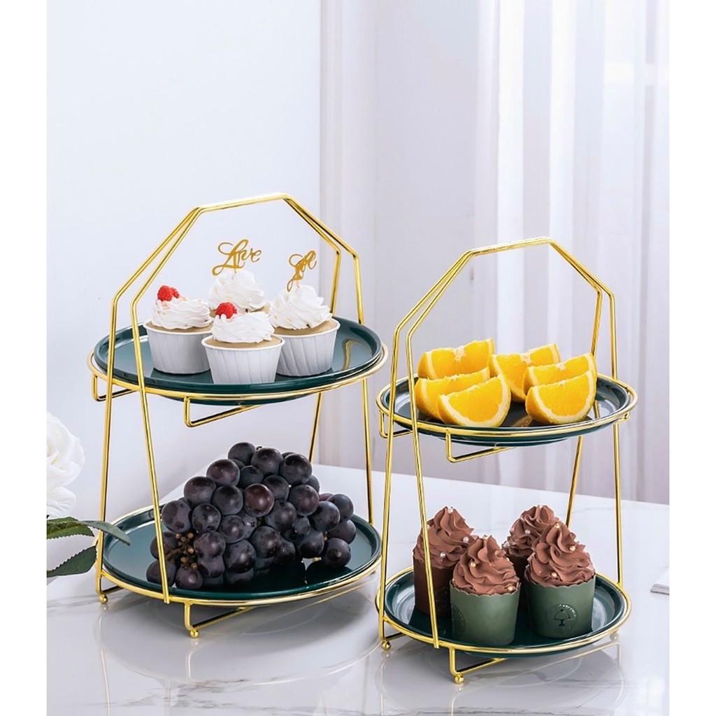 KHAY SỨ ĐỰNG BÁNH KẸO HOA QUẢ HAI TẦNG TRÒN KHUNG KIM LOẠI MẠ VÀNG XANH
