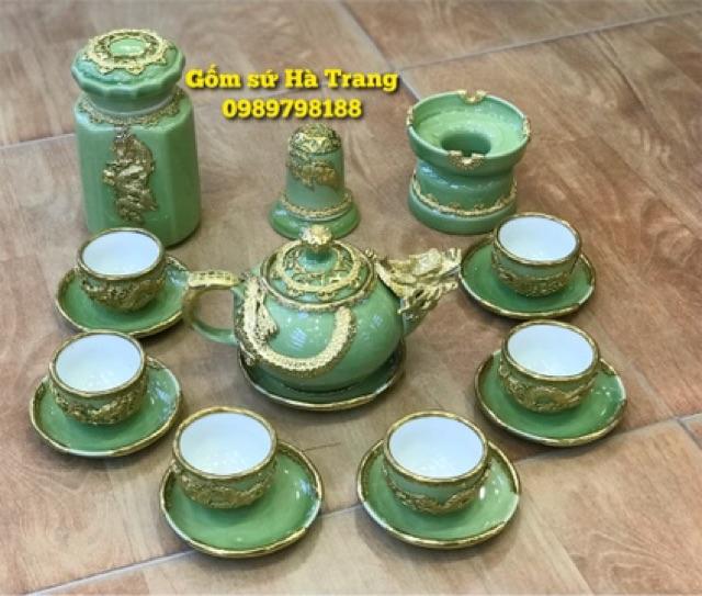 Ấm chén Bát Tràng cao cấp Men ngọc bọc đồng hoạ tiết rồng