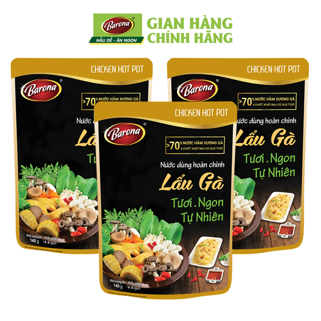 Combo 3 gói Nước dùng Lẩu Gà Barona 140g tươi ngon chuẩn vị không cần nêm nếm