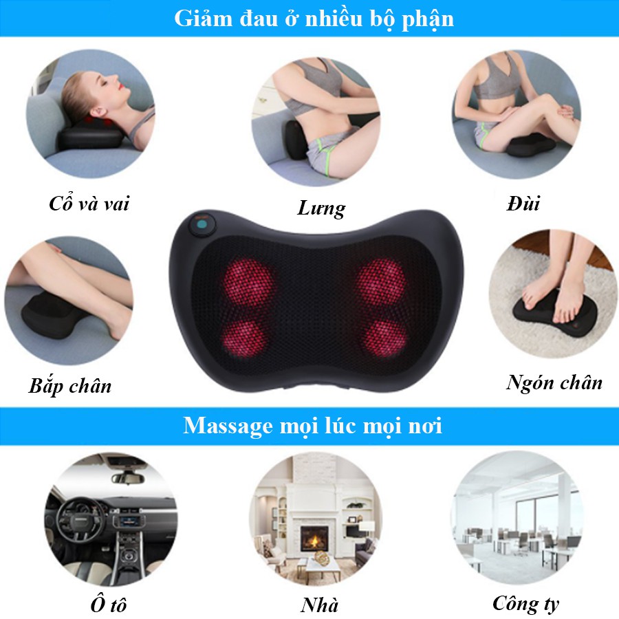 Gối Massage Hồng Ngoại 8 Bi Sạc Pin Tự Động Đảo Chiều Massage cổ, Vai Gáy... Cao Cấp Màu Đen Sang Trọng, Tinh Tế