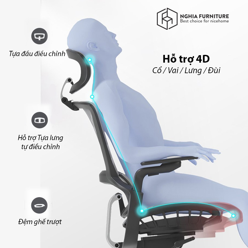 Ghế công thái học cho người BigSize, ghế xoay văn phòng có kê chân Nghia Furniture Ergonomic E04T