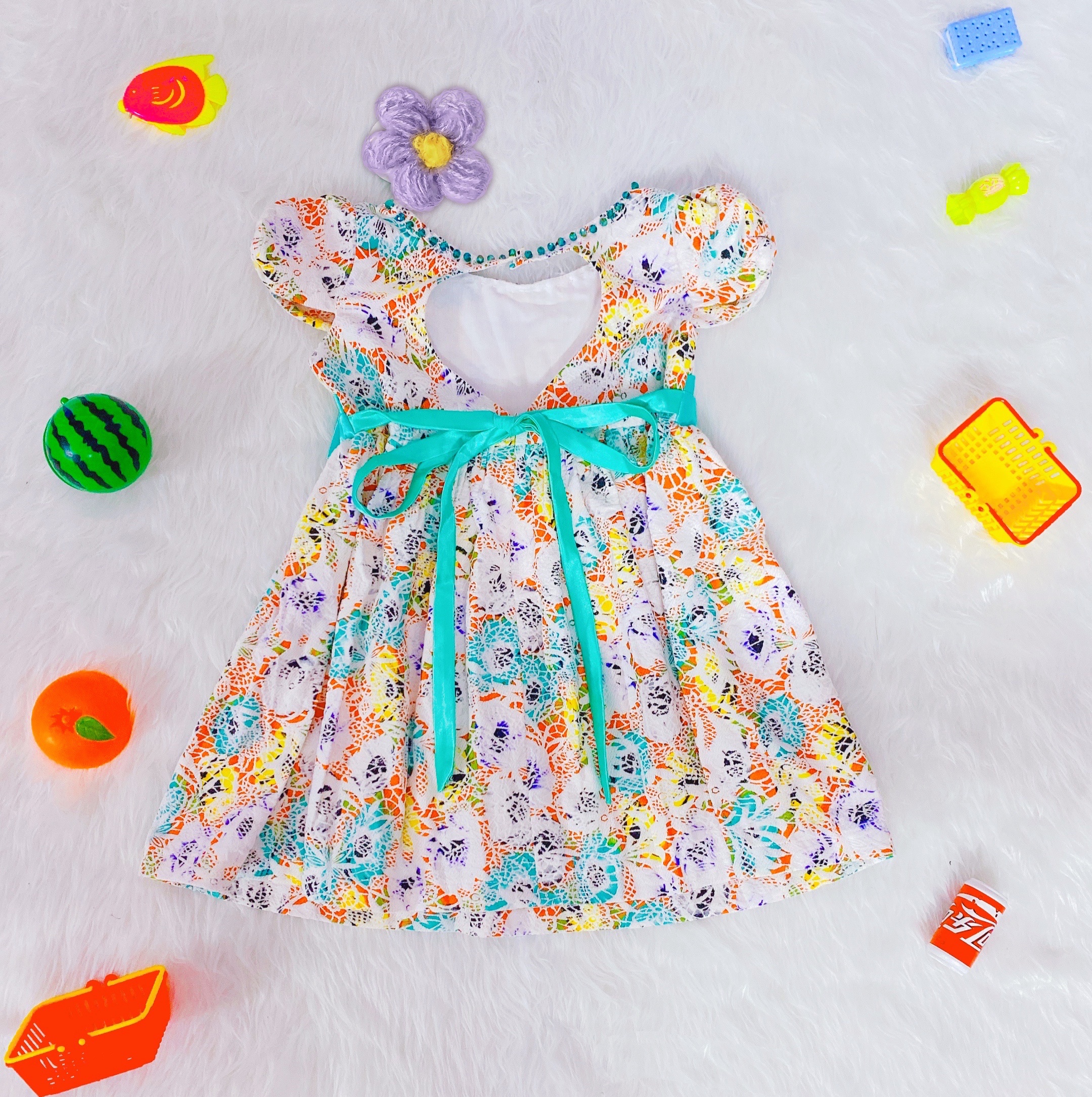 Đầm Bé Gái Size 7-24Kg, 5 Tháng Đến 6,5 Tuổi Công Chúa Hoa Phối Nơ Đính Ngọc, Đầm Dự Tiệc SUMI