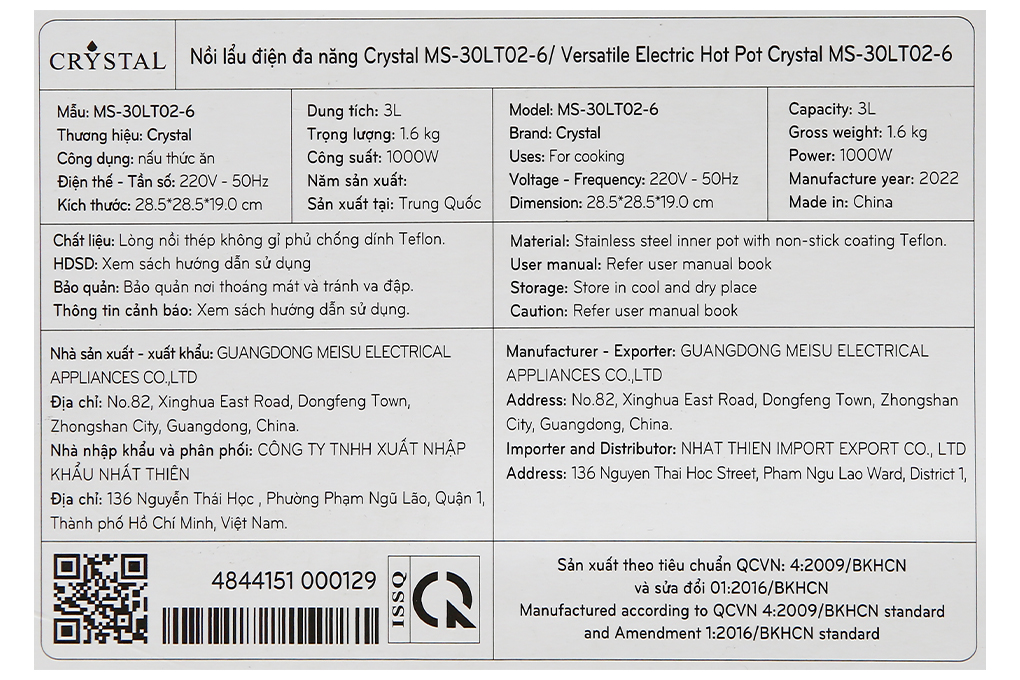 Nồi lẩu điện Crystal MS-30LT02-6 3 lít - Hàng chính hãng