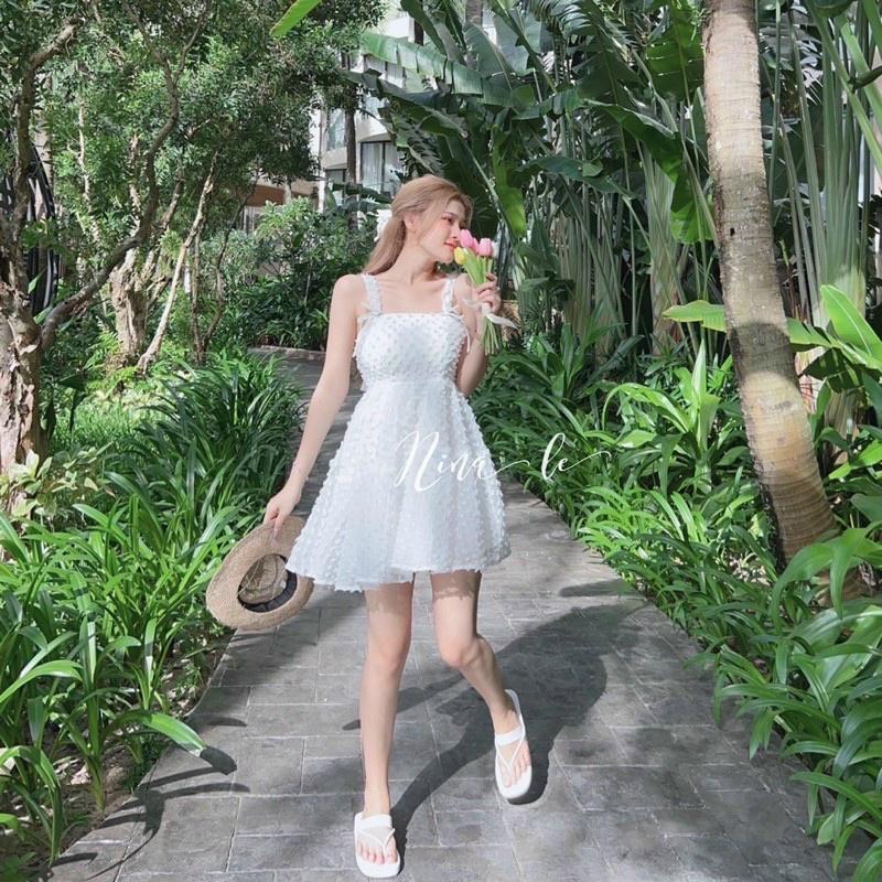 Đầm xoè xô bông 2 dây phối nơ xinh xắn