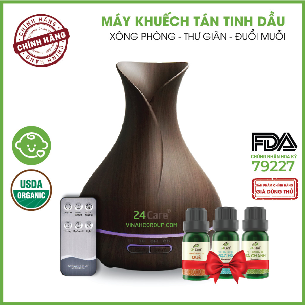 Máy khuếch tán Tinh Dầu 24Care Tulip màu Đen Ultrasonic 500ml, Tặng 3 Chai Tinh dầu Sả Chanh + Bạc Hà + Quế 24Care 10ml | Xông Phòng | Kèm Remote Điều Khiển | Công nghệ siêu âm tiên tiến