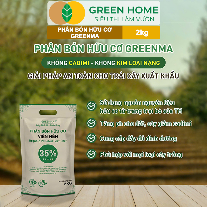 3 Túi Phân Bón Hữu Cơ Viên Nén Greenma 35%, GreenHome, Túi 2kg, Chuyên Cho Cây Cảnh, Hoa Màu Trồng Chậu