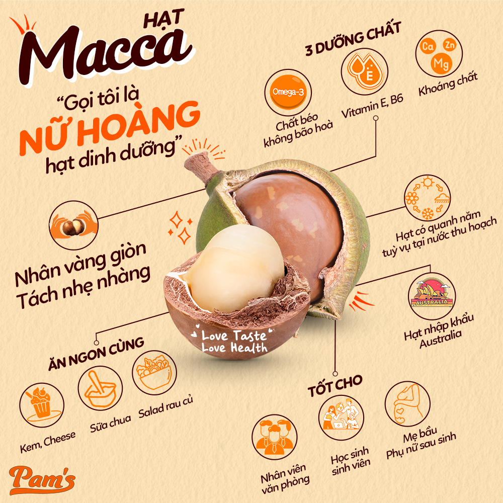 Hạt Macca Úc Nứt Vỏ Pams Macca Hữu Cơ Nhập Khẩu Úc, Hạt A Size 25-28