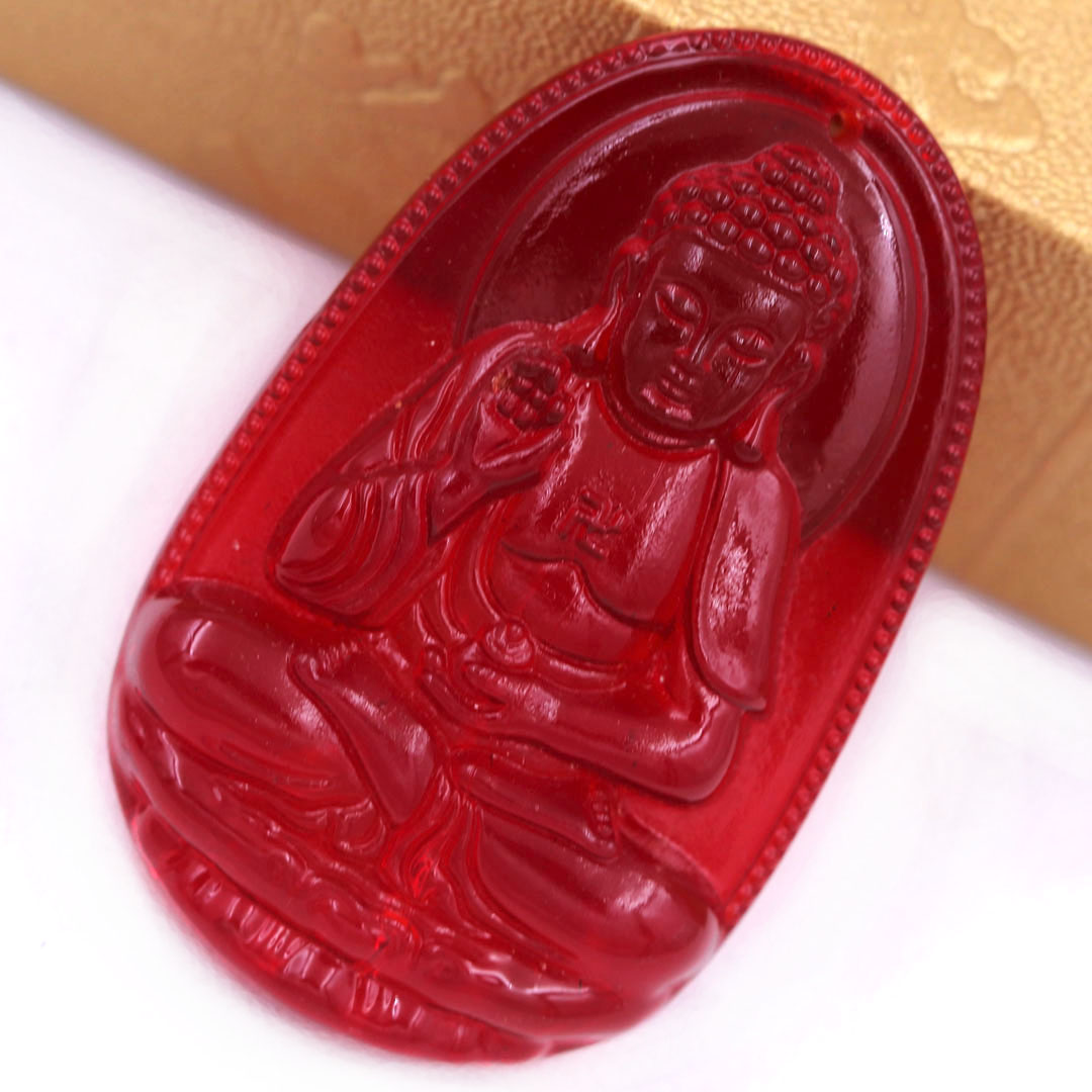 Mặt Phật A di đà 5 cm  pha lê đỏ kèm móc và dây chuyền inox, Mặt Phật bản mệnh