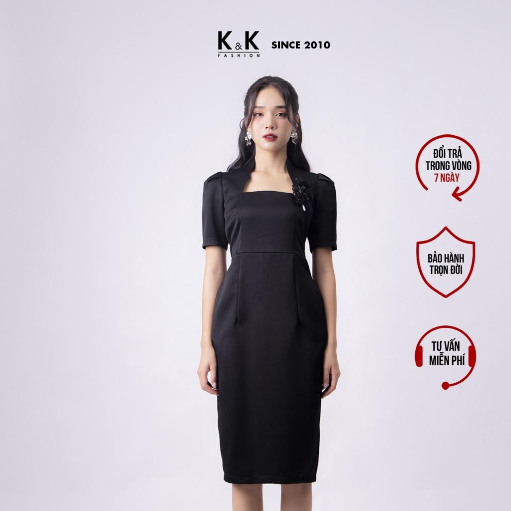 Đầm Đen Ôm Body Đính Hoa K&amp;K Fashion KK130-13 Chất Liệu Tafta 2 Da