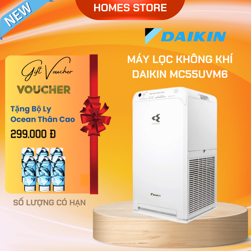 Máy Lọc Không Khí DAIKIN MC55UVM6 Công nghệ Streamer 3C Tích Hợp Ion Plasma Lõi Lọc Tuổi Thọ Lên Đến 10 Năm Diệt Khuẩn Và Lọc Sạch 99,97% Bụi Bẩn, Diện Tích Sử Dụng 40 m2, Công Suất 37W - Hàng Chính Hãng