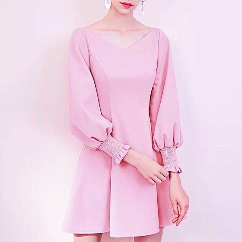 Đầm hồng cổ V tay dài v2
