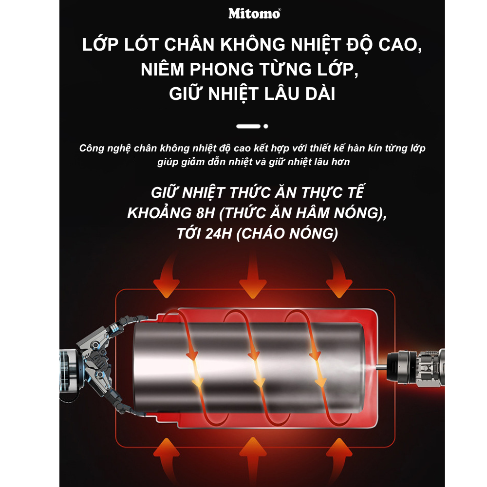 Lồng cơm giữ nhiệt, hộp cơm văn phòng Mitomo LCH-7086, cặp lồng chia 3 ngăn chất liệu inox 304