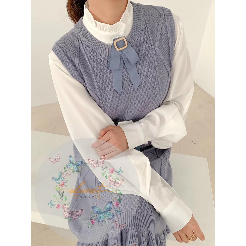 Set váy len kết hợp sơ mi tặng kèm đai lưng, nơ cài áo- Hàng QCCC