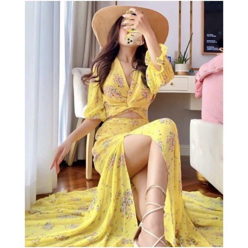 Sét đồ nữ maxi tiên cá đi biển áo xoắn eo mix chân váy dài xẻ tà sang chảnh quyến rũ
