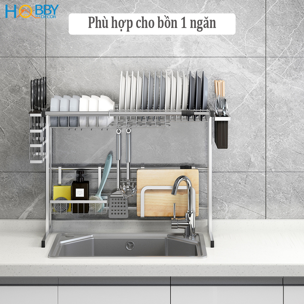 Kệ chén đa năng Inox 304 HOBBY KC6N cao cấp - 6 ngăn - co dãn được - phù hợp bồn chậu rửa bát 1 và 2 ngăn