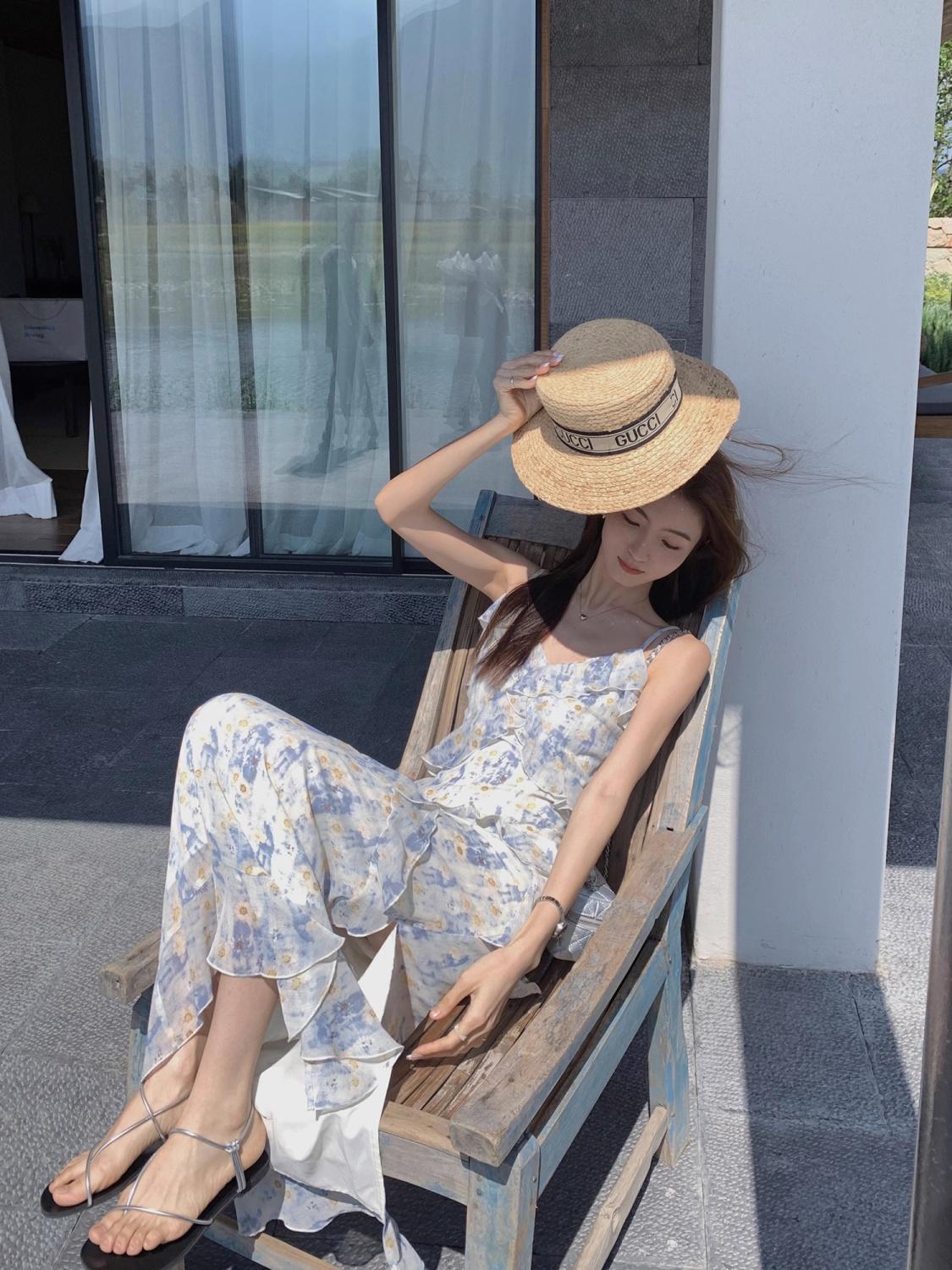 CHENGRUI Váy cưới lá sen, nữ tính, dịu dàng, in hoa, váy dài bãi biển.
