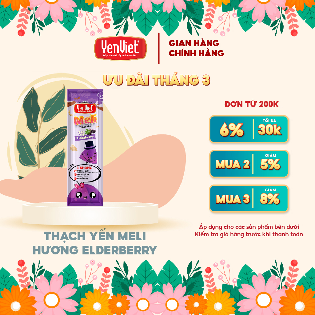 Yến Việt - Thạch Yến MeLi vị trái cây tự nhiên, không đường hóa học, màu tổng hợp, chất bảo quản, dây 10 gói x 20g