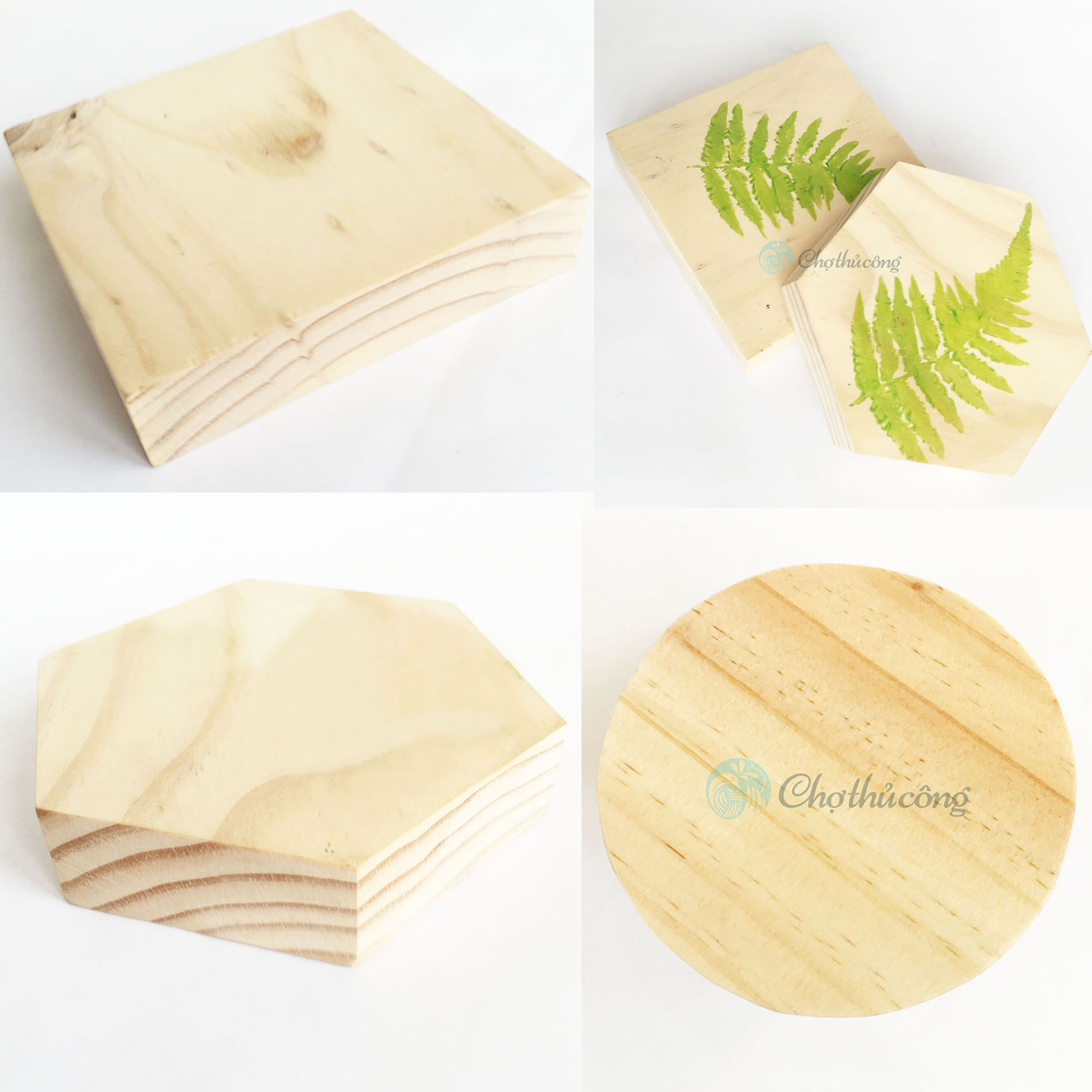 Miếng gỗ thông trơn hình vuông, hình lục giác, hình tròn dày 2cm dùng vẽ tranh decor, bảng treo cửa, bảng gỗ trang trí