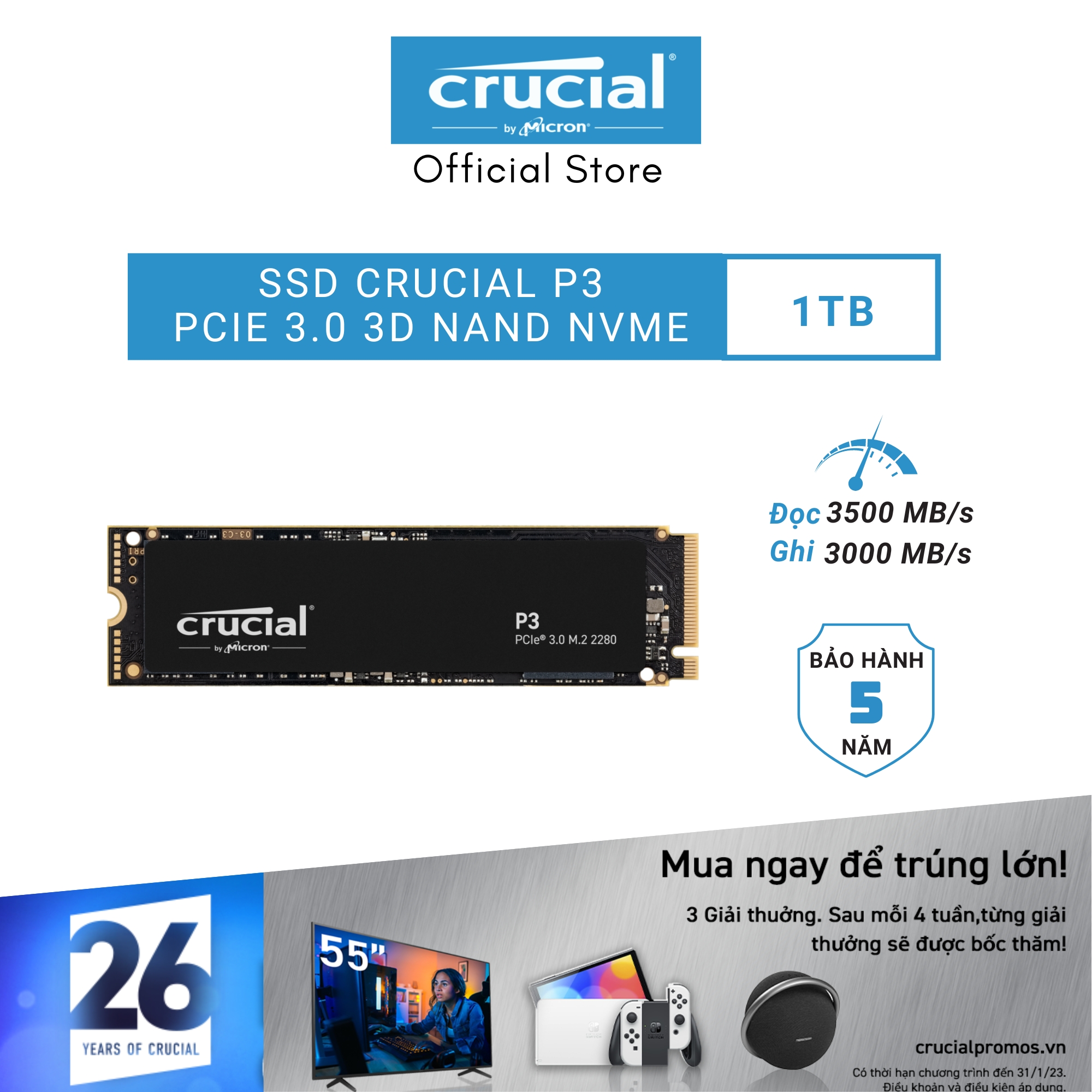 SSD CRUCIAL P3 NVMe 1000GB - CT1000P3SSD8 - HÀNG CHÍNH HÃNG