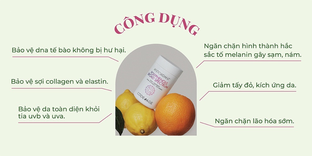 Viên uống chống nắng CodeAge Polyphenols Broad Spectrum - Chống nắng phổ rộng, bảo vệ da trước tia UVA, UVB và ánh sáng xanh 120 viên