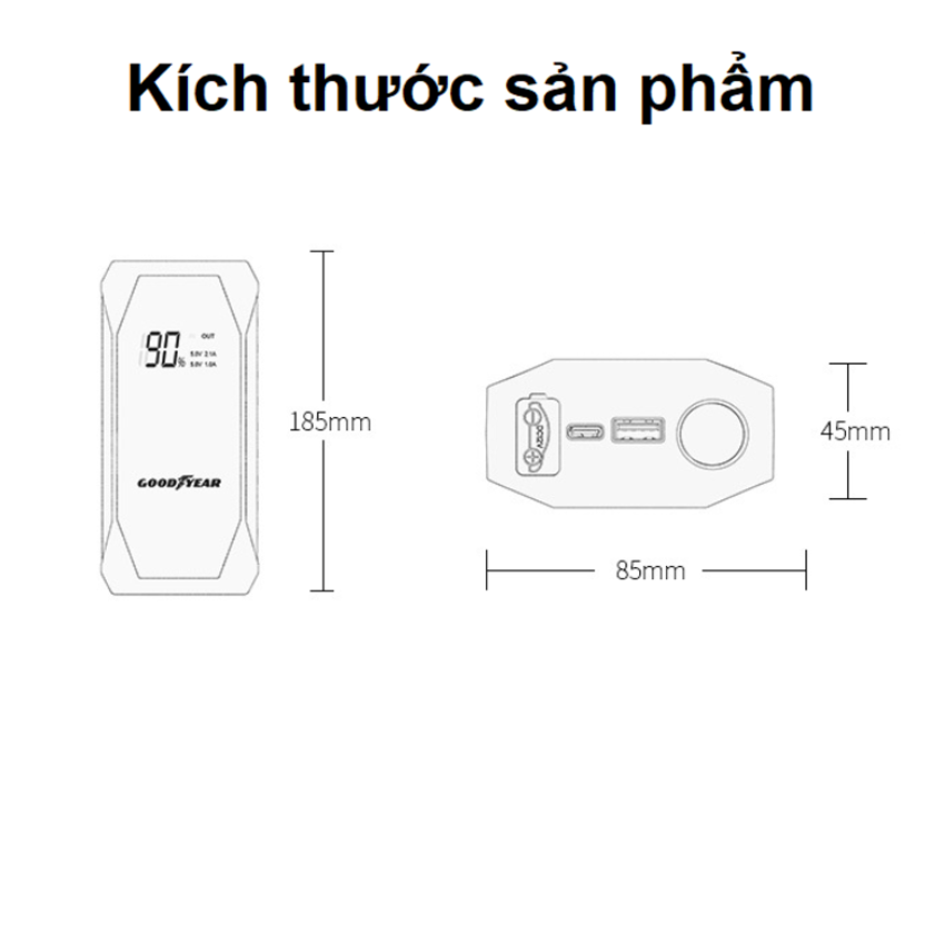 Bộ kích bình điện ô tô, kiêm pin sạc dự phòng Goodyear GY-5295, dung lượng 10000mAh