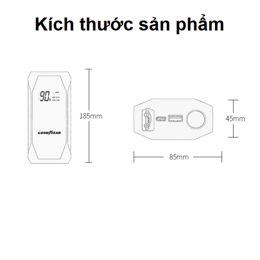 Bộ kík nổ ô tô, kiêm pin sạc dự phòng Goodyear GY-5295, 10000mAh