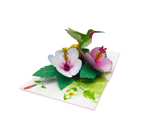 Thiệp 3D Pop Up Chim Ruồi &amp; Hoa Nhiệt Đới – Thiệp Hoa Chúc Mừng, Sinh Nhật, Lãng Mạn, F38