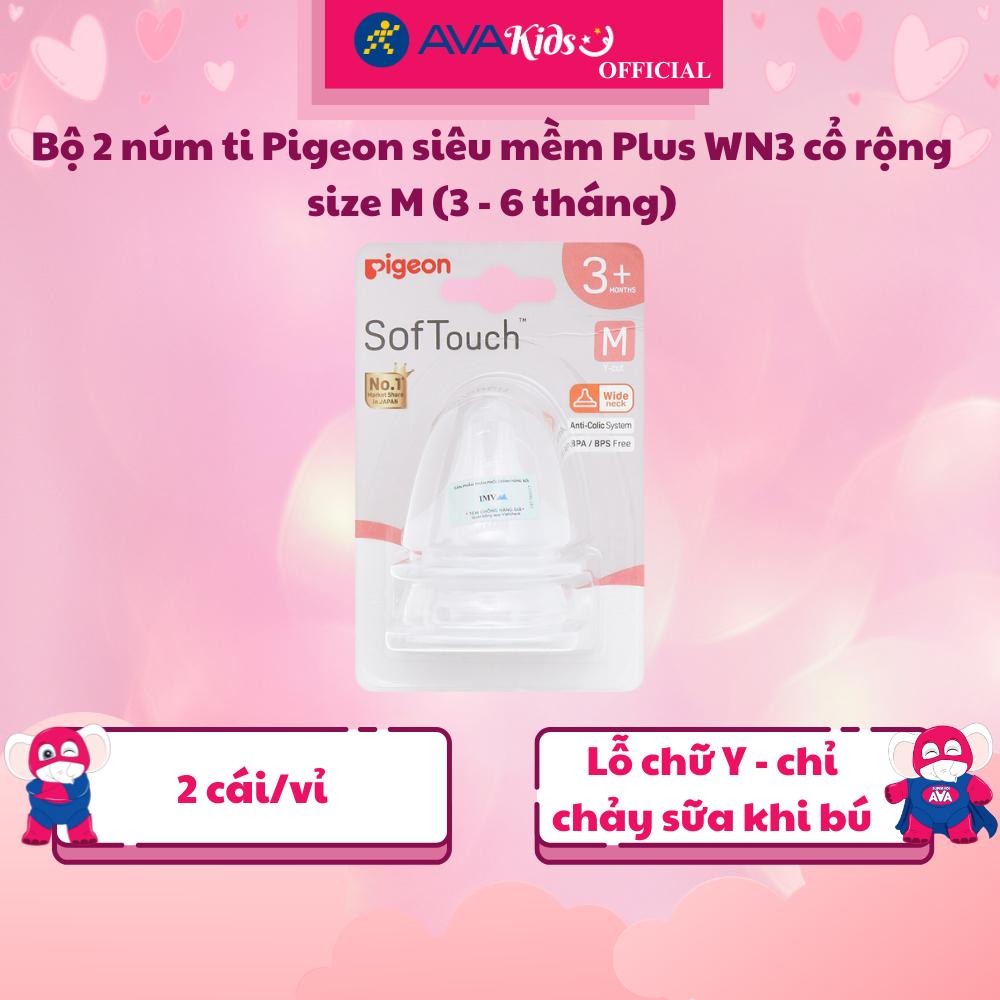 Bộ 2 núm ti Pigeon siêu mềm Plus WN3 cổ rộng size M (3 - 6 tháng) - Hàng Chính Hãng