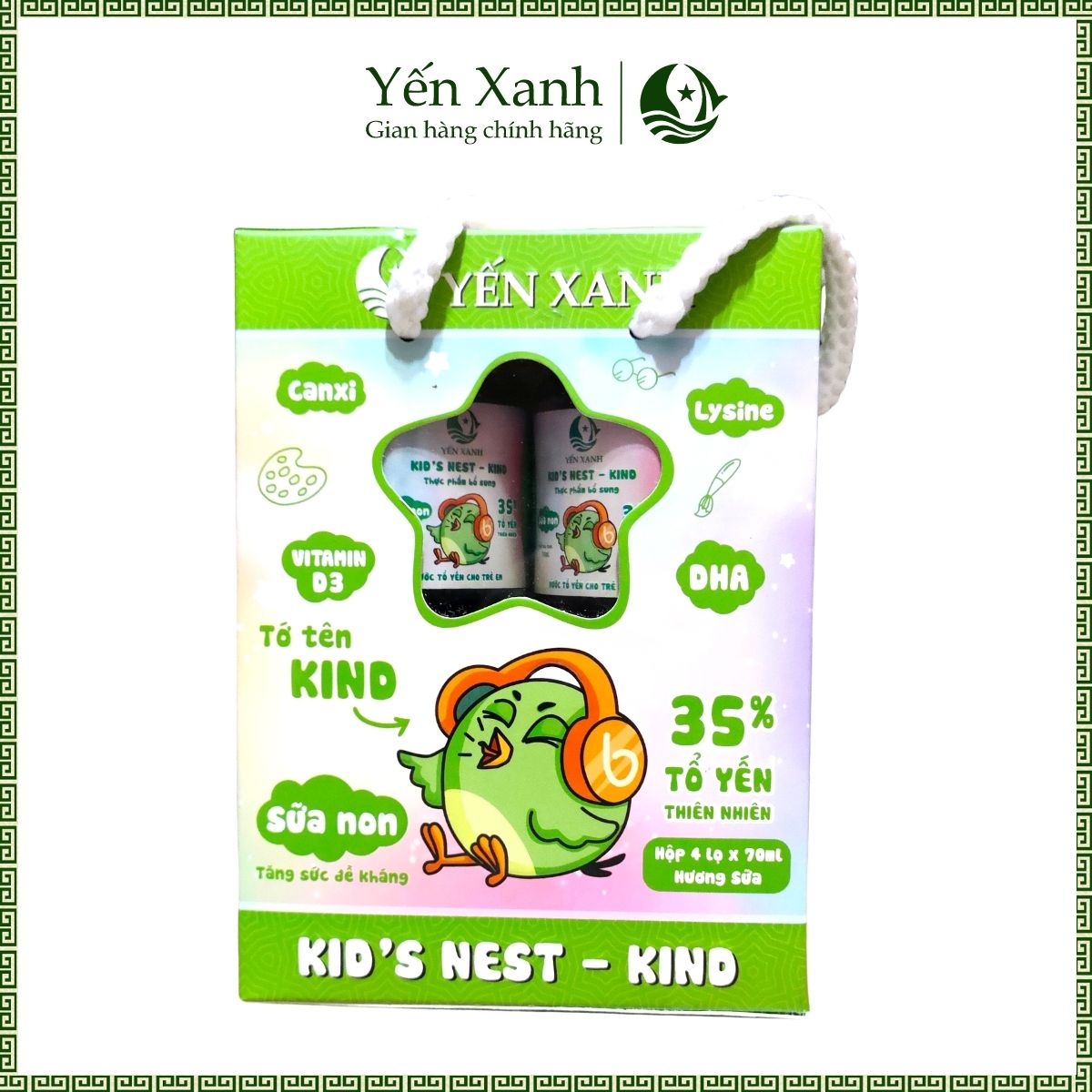 35% tổ yến - Nước tổ yến sào chưng dành cho trẻ em Kid's nest sữa non KIND - Yến Xanh hương sữa - Lốc 4 lọ x 70ml