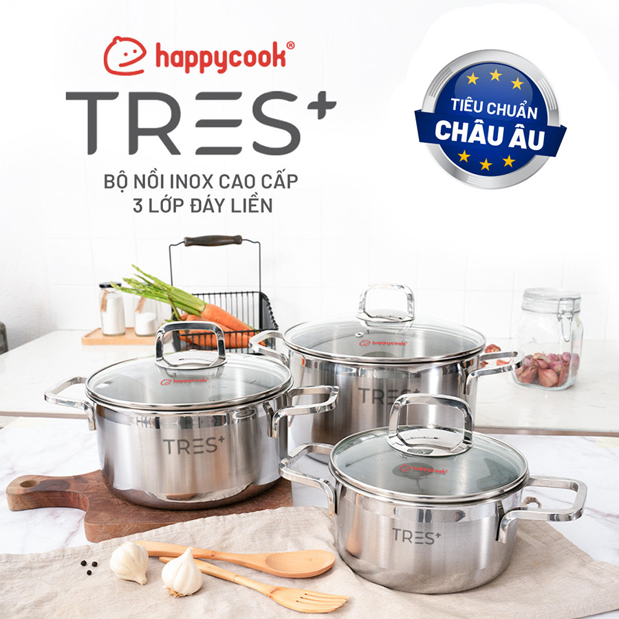 Bộ nồi Inox cao cấp 3 lớp đáy liền Happy Cook Tres+ HCS-TRP6PC