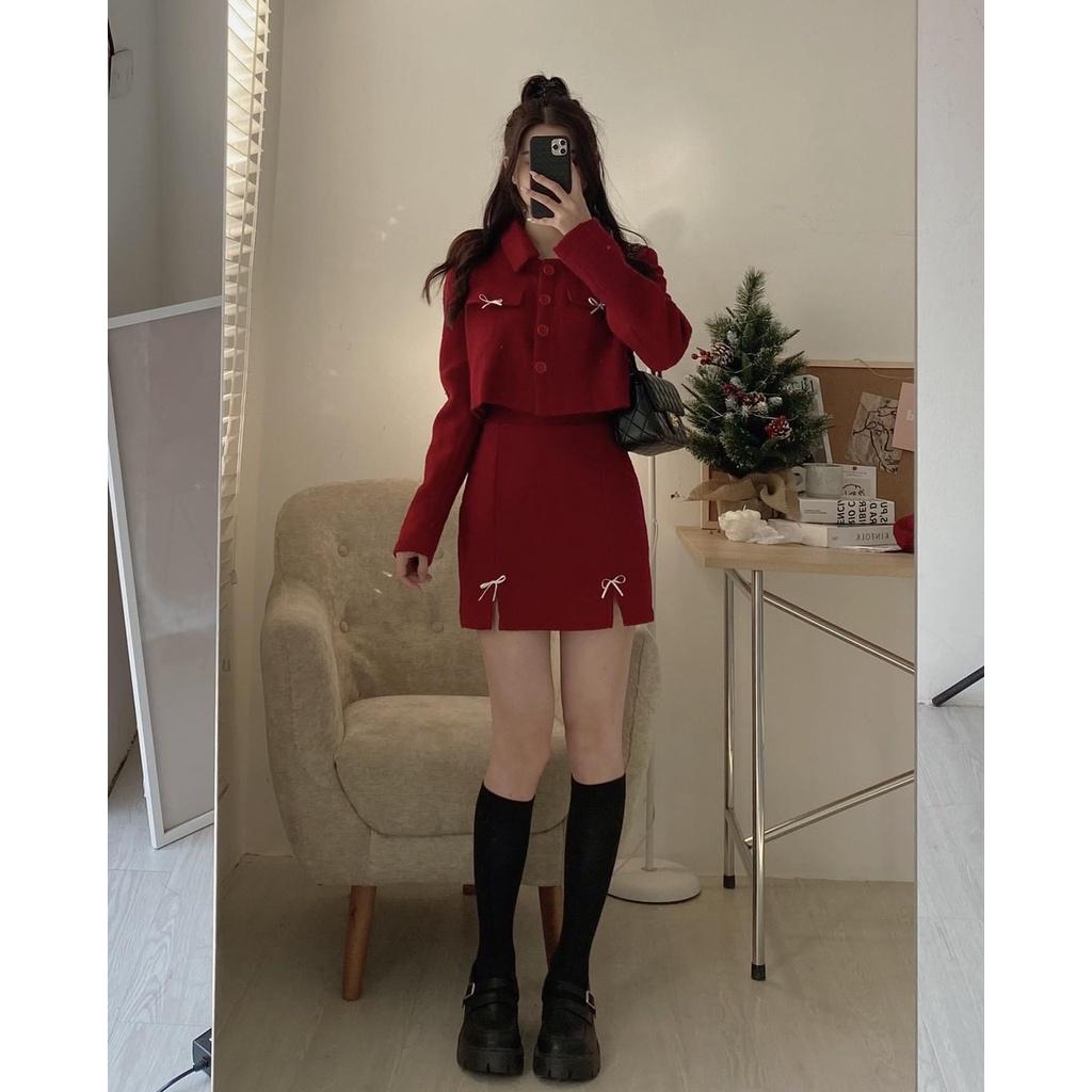 Set dạ tweed đỏ xẻ nơ tặng kèm mũ nồi